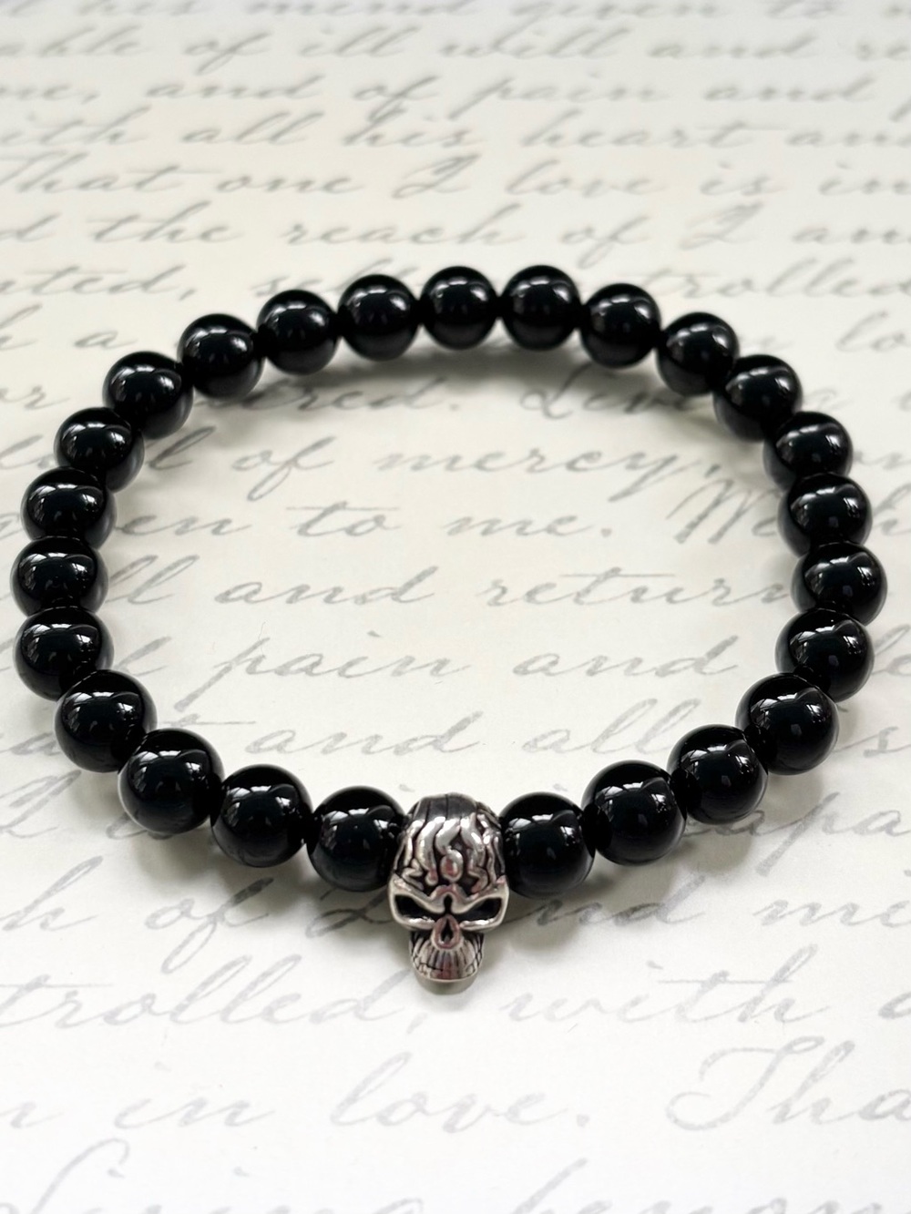 Men's Black Onyx Beaded Sterling Silver Skull Stretch Bracelet
